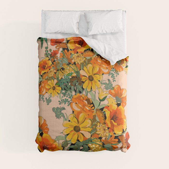 70s Pastel Floral on pink blush Boho Comforter