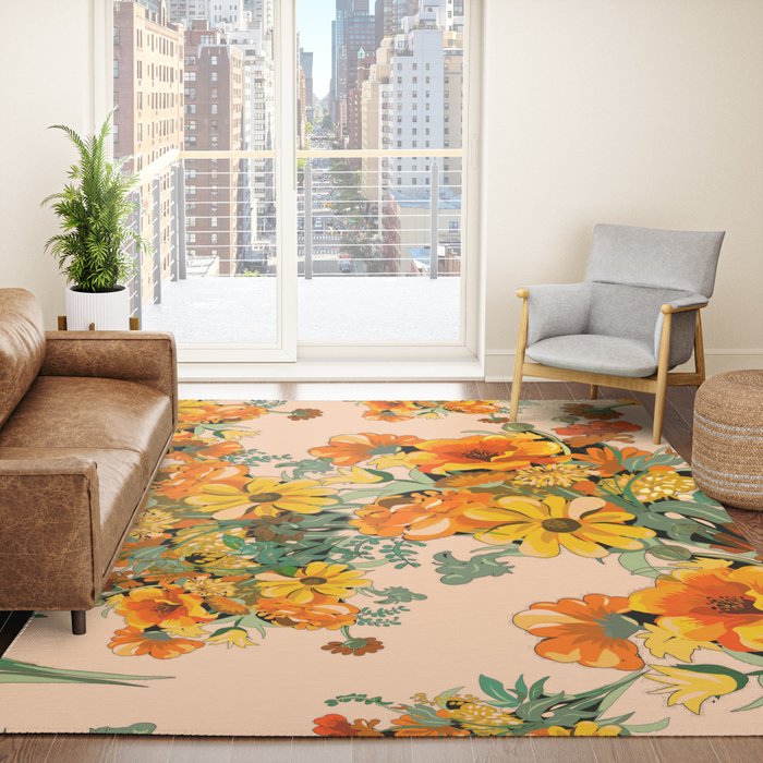 70s Pastel Floral on pink blush Boho Rug