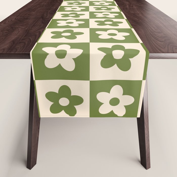 90s flowers checkers cream and green Table Runner