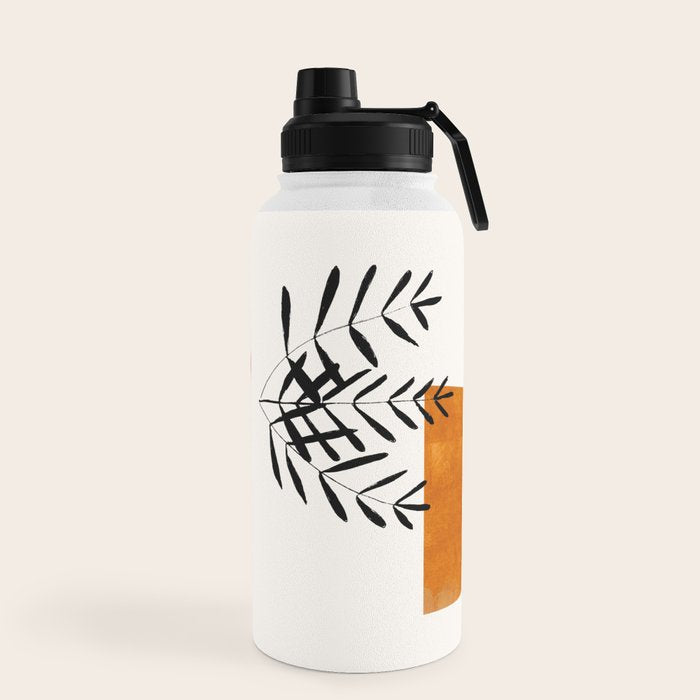 Autumn Vine' Minimal Mid Century Abstract Shapes With Floral Plant Motif Boho Vintage Paper Collage Line Drawing Water Bottle