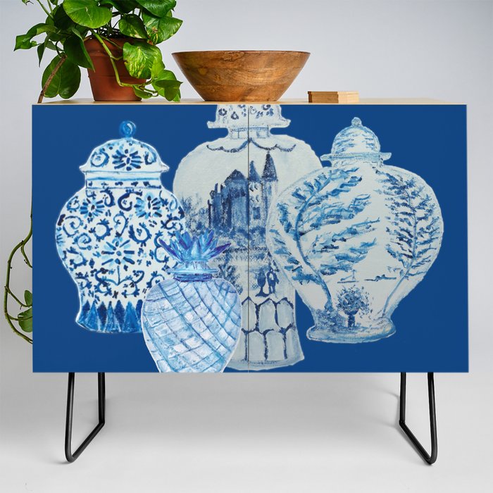 4 Four 4 Blue and White Ginger Jars  Credenza