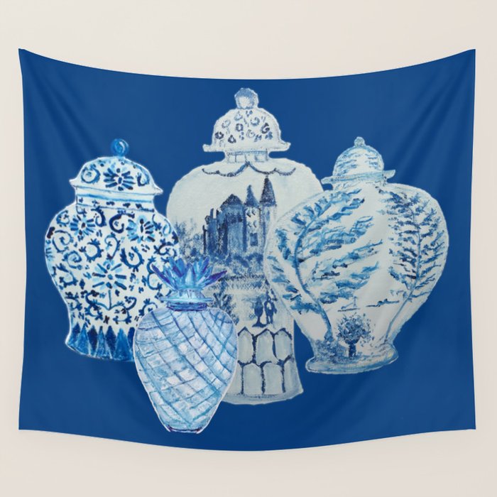 4 Four 4 Blue and White Ginger Jars  Wall Tapestry