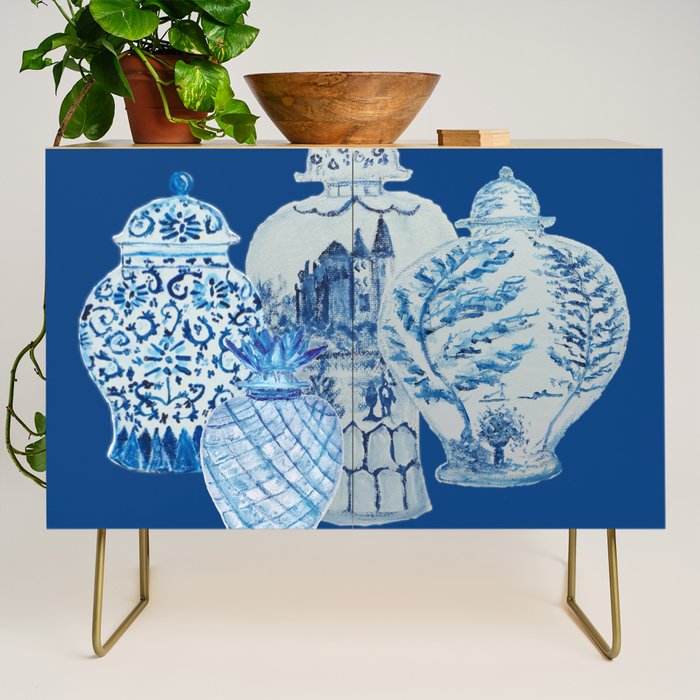 4 Four 4 Blue and White Ginger Jars  Credenza