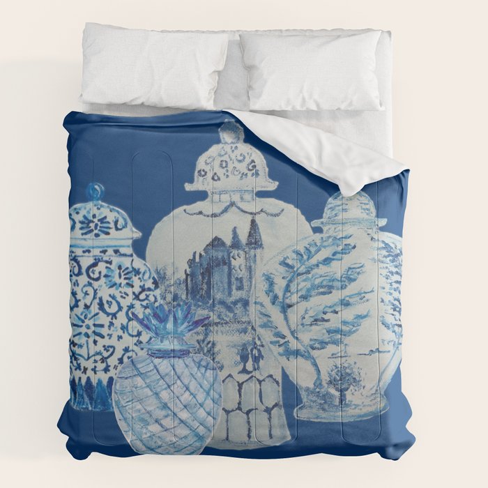 4 Four 4 Blue and White Ginger Jars  Comforter