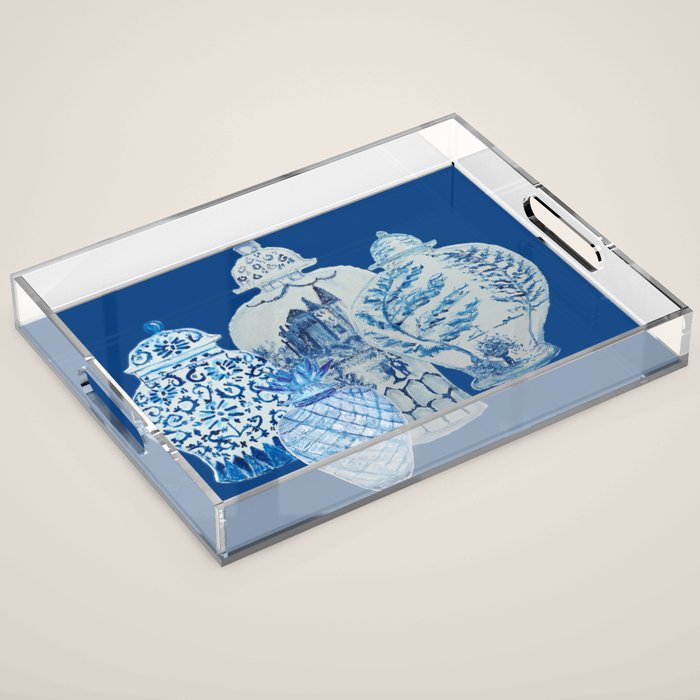 4 Four 4 Blue and White Ginger Jars  Acrylic Tray