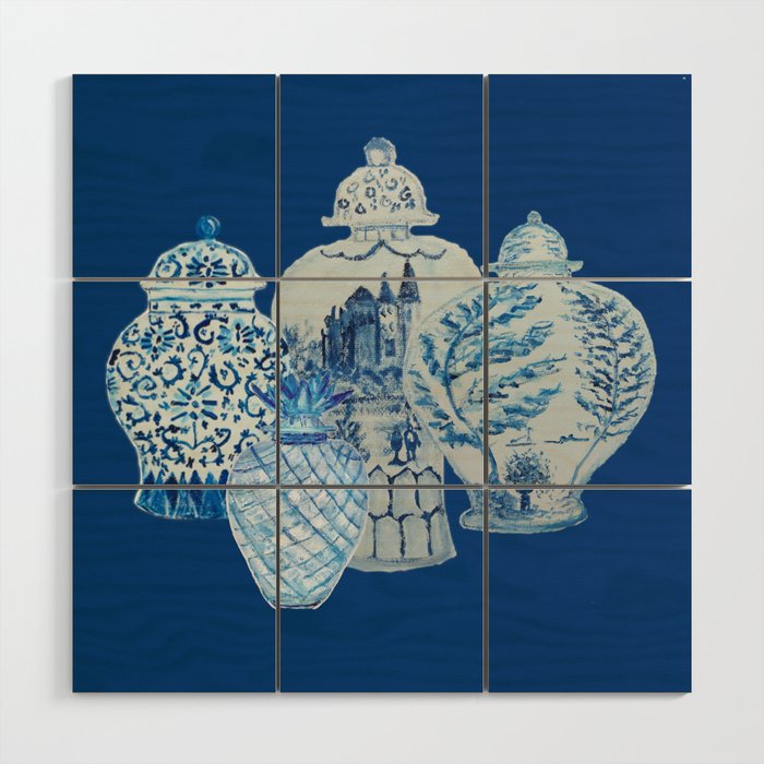 4 Four 4 Blue and White Ginger Jars  Wood Wall Art