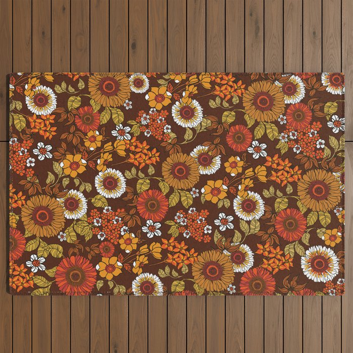 70s retro ditzy flowers, boho, browns, orange, hippie Outdoor Rug