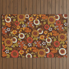 70s retro ditzy flowers, boho, browns, orange, hippie Outdoor Rug