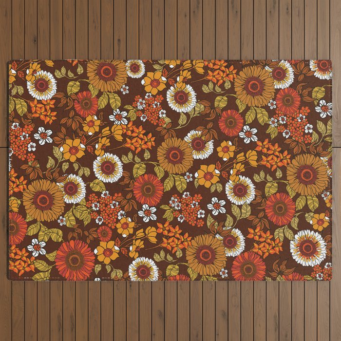 70s retro ditzy flowers, boho, browns, orange, hippie Outdoor Rug