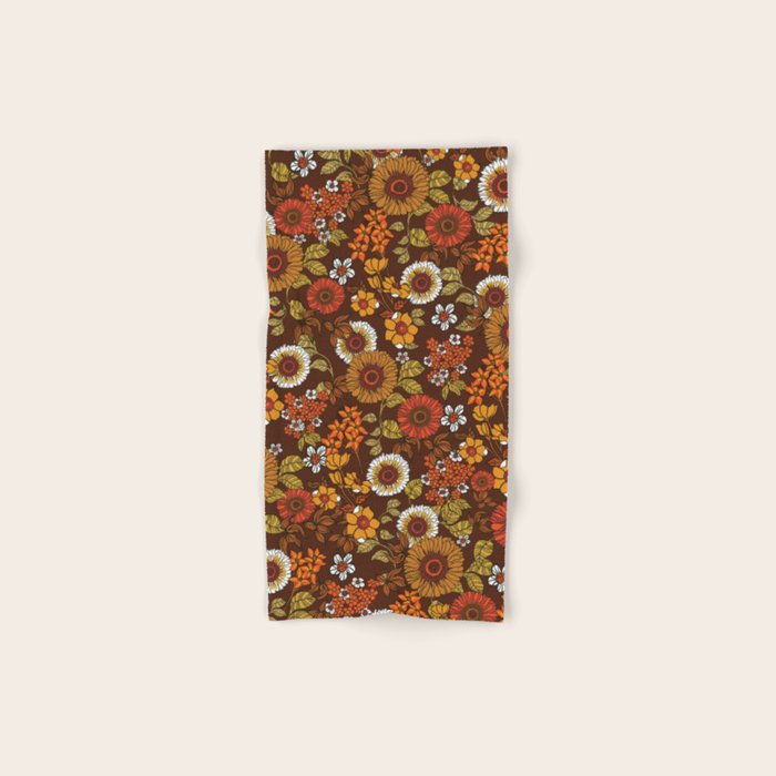 70s retro ditzy flowers, boho, browns, orange, hippie Bath Towel