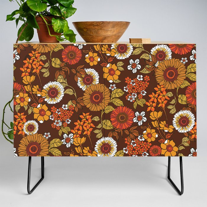 70s retro ditzy flowers, boho, browns, orange, hippie Credenza