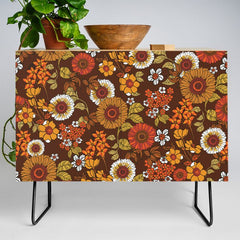 70s retro ditzy flowers, boho, browns, orange, hippie Credenza