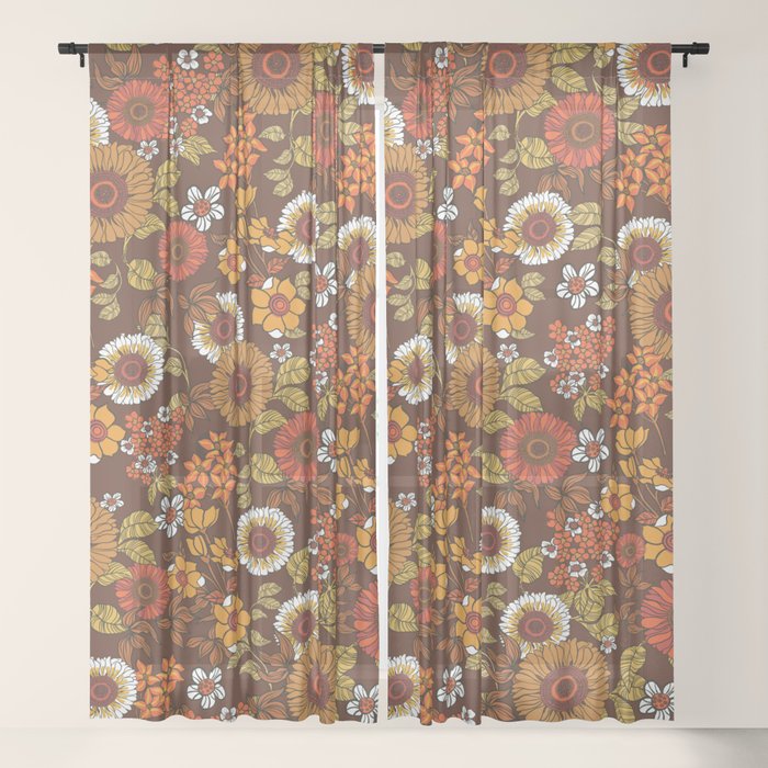 70s retro ditzy flowers, boho, browns, orange, hippie Window Curtain
