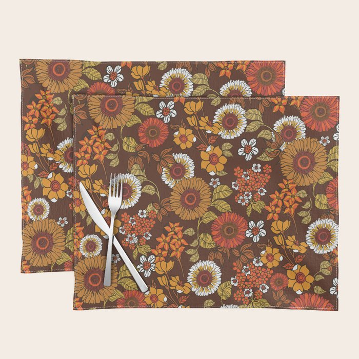 70s retro ditzy flowers, boho, browns, orange, hippie Placemat