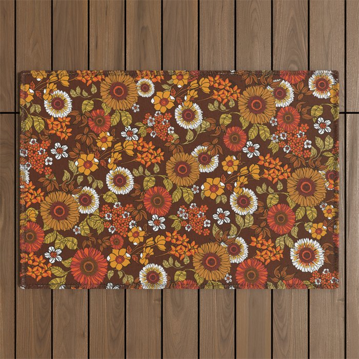 70s retro ditzy flowers, boho, browns, orange, hippie Outdoor Rug