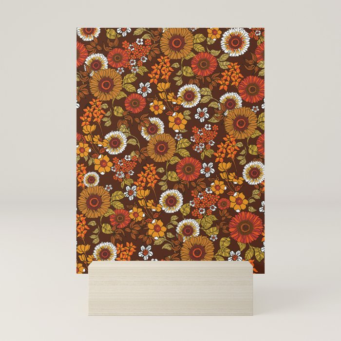 70s retro ditzy flowers, boho, browns, orange, hippie Mini Art Print