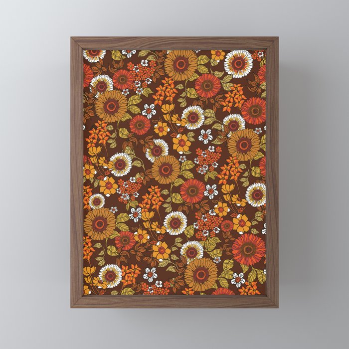 70s retro ditzy flowers, boho, browns, orange, hippie Mini Art Print