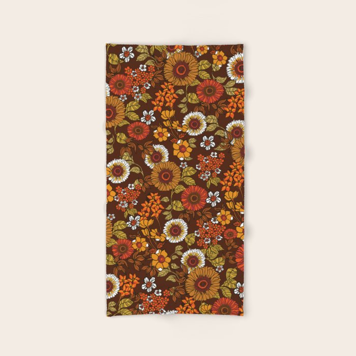 70s retro ditzy flowers, boho, browns, orange, hippie Bath Towel