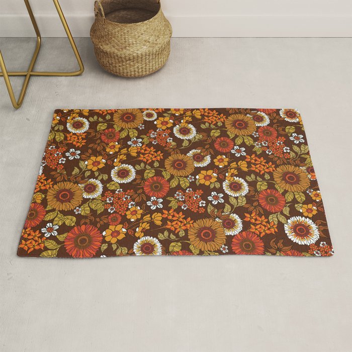 70s retro ditzy flowers, boho, browns, orange, hippie Rug