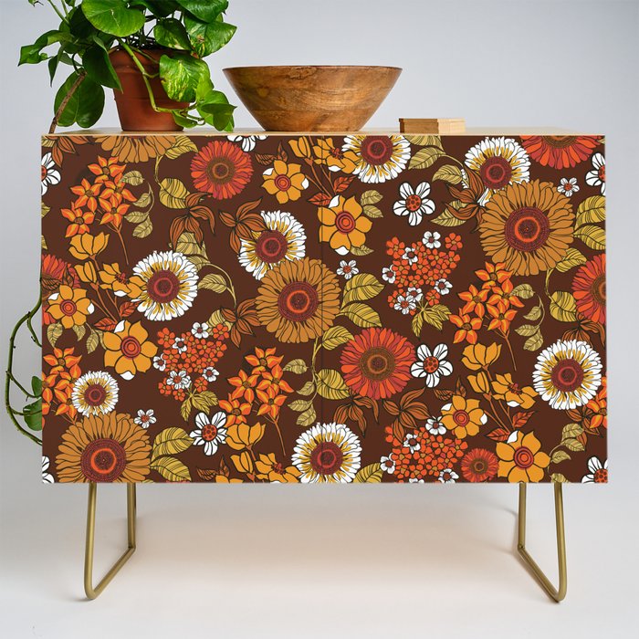 70s retro ditzy flowers, boho, browns, orange, hippie Credenza