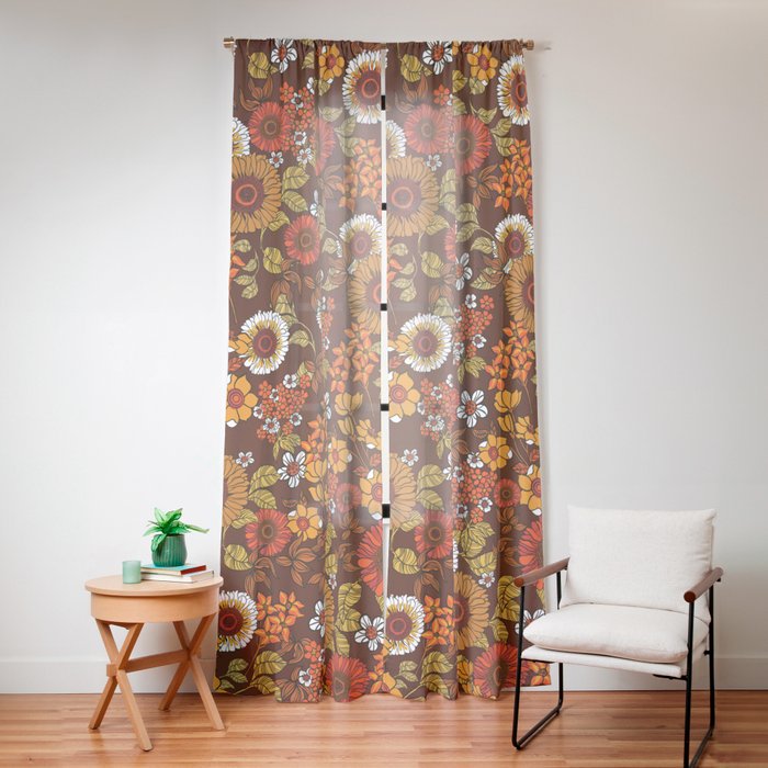 70s retro ditzy flowers, boho, browns, orange, hippie Window Curtain