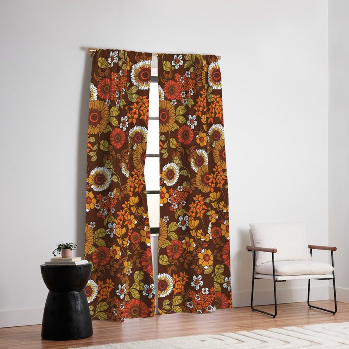 70s retro ditzy flowers, boho, browns, orange, hippie Window Curtain