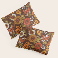 70s retro ditzy flowers, boho, browns, orange, hippie Pillow Sham