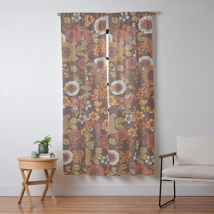 70s retro ditzy flowers, boho, browns, orange, hippie Window Curtain