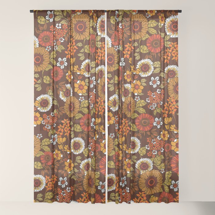 70s retro ditzy flowers, boho, browns, orange, hippie Window Curtain