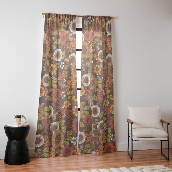 70s retro ditzy flowers, boho, browns, orange, hippie Window Curtain