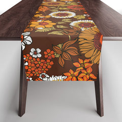 70s retro ditzy flowers, boho, browns, orange, hippie Table Runner