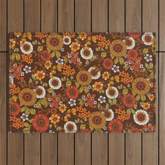 70s retro ditzy flowers, boho, browns, orange, hippie Outdoor Rug