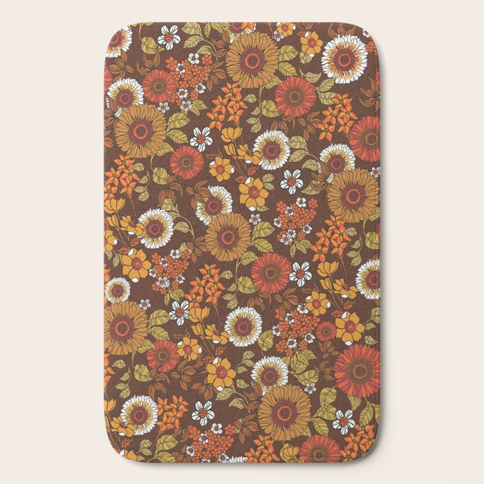 70s retro ditzy flowers, boho, browns, orange, hippie Bath Mat