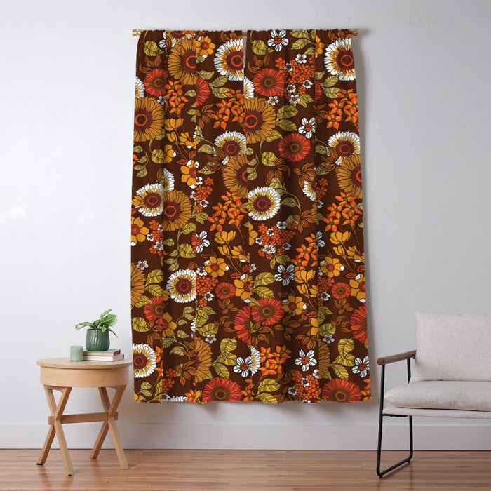 70s retro ditzy flowers, boho, browns, orange, hippie Window Curtain