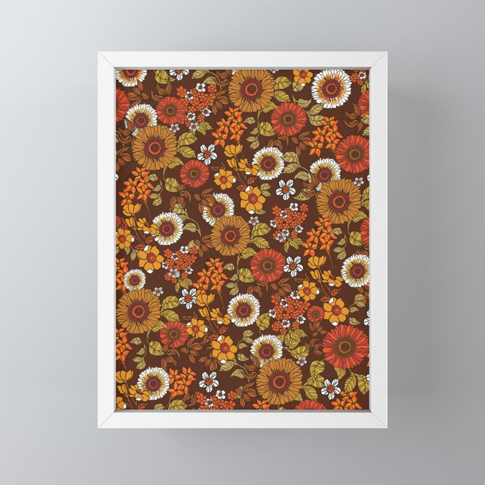 70s retro ditzy flowers, boho, browns, orange, hippie Mini Art Print