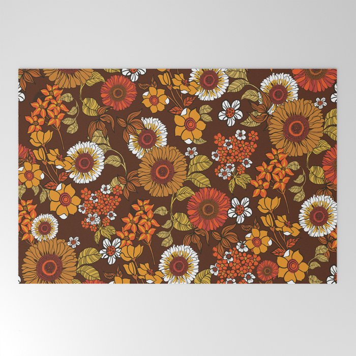 70s retro ditzy flowers, boho, browns, orange, hippie Welcome Mat