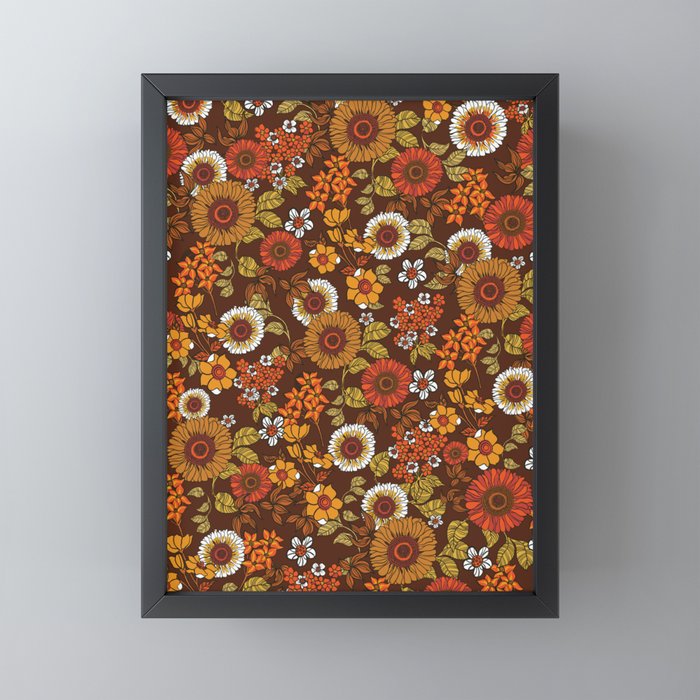 70s retro ditzy flowers, boho, browns, orange, hippie Mini Art Print