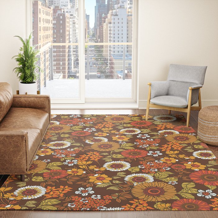 70s retro ditzy flowers, boho, browns, orange, hippie Rug
