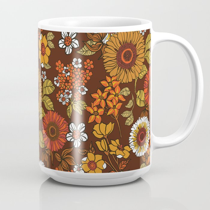 70s retro ditzy flowers, boho, browns, orange, hippie Coffee Mug
