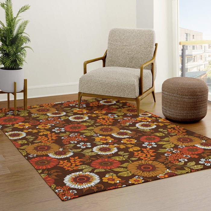 70s retro ditzy flowers, boho, browns, orange, hippie Rug