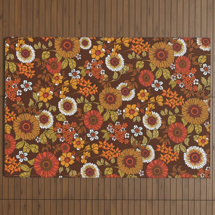 70s retro ditzy flowers, boho, browns, orange, hippie Outdoor Rug