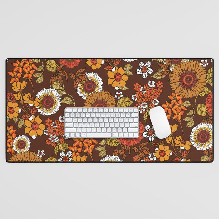 70s retro ditzy flowers, boho, browns, orange, hippie Desk Mat