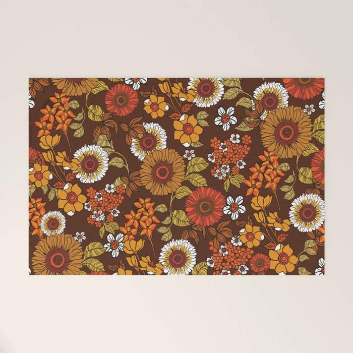70s retro ditzy flowers, boho, browns, orange, hippie Welcome Mat