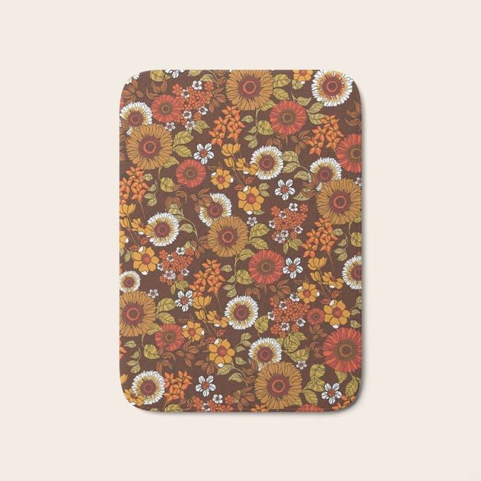 70s retro ditzy flowers, boho, browns, orange, hippie Bath Mat