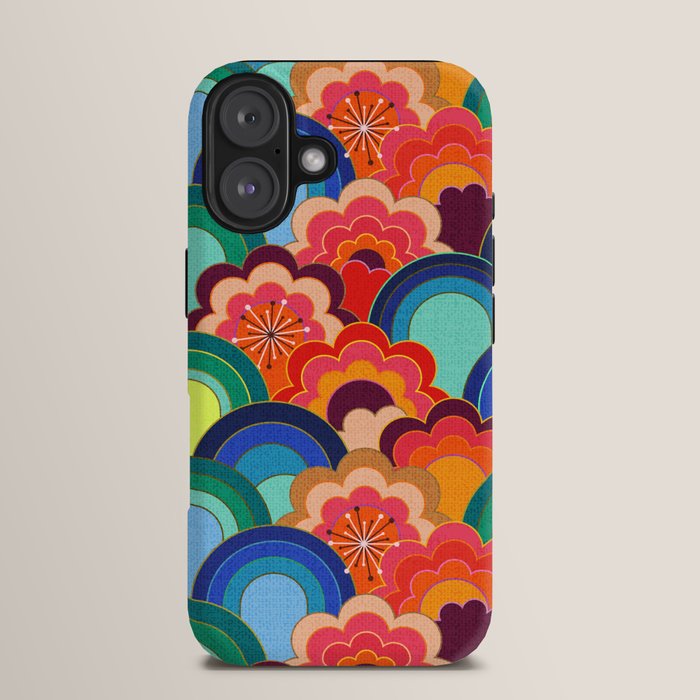 70s rainbow flowers sunset colors iPhone Case