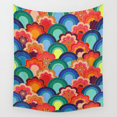 70s rainbow flowers sunset colors Wall Tapestry