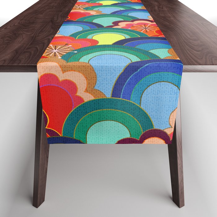 70s rainbow flowers sunset colors Table Runner