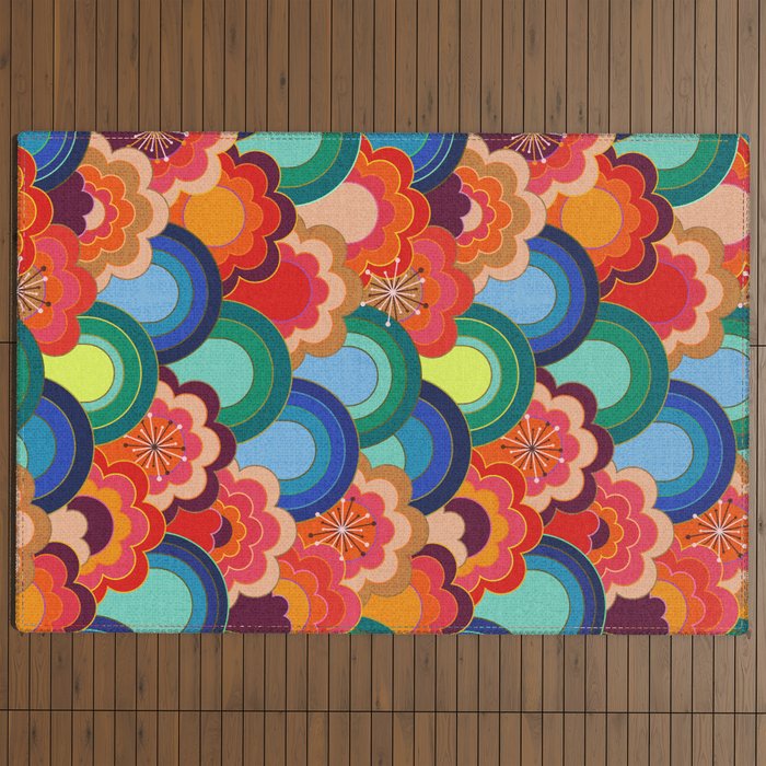 70s rainbow flowers sunset colors Outdoor Rug