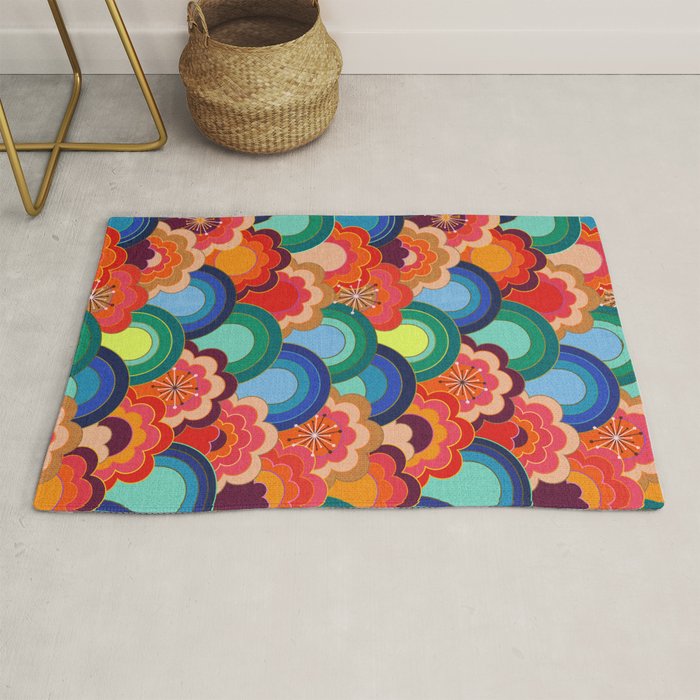 70s rainbow flowers sunset colors Rug