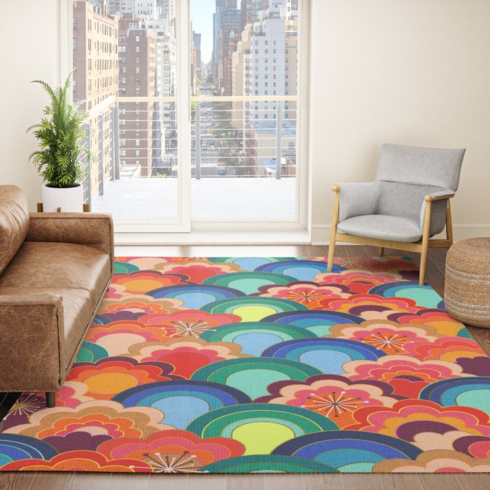 70s rainbow flowers sunset colors Rug